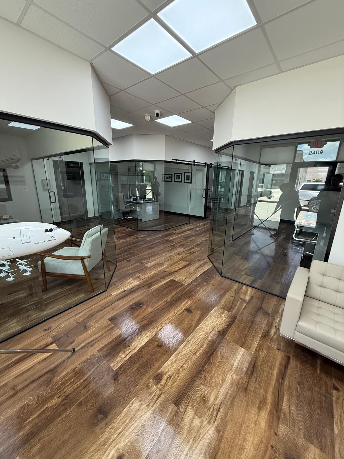 Pristine modern office with gleaming floors showcasing our professional cleaning results